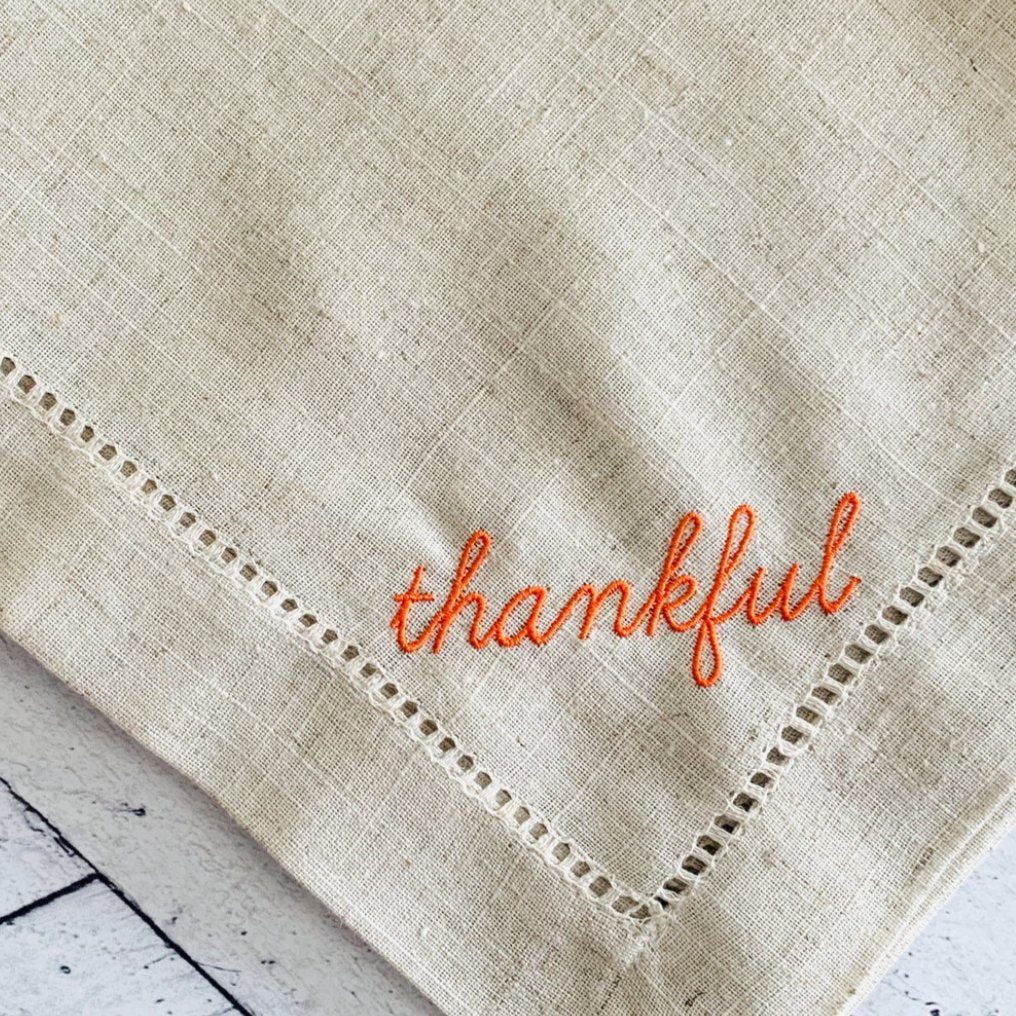 Thankful Embroidered Napkins, Set of 4, Pumpkin - Henry + Olives