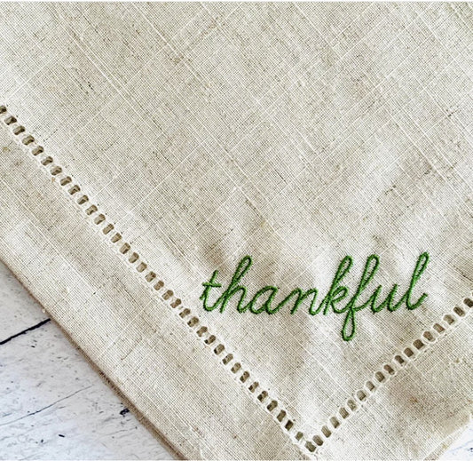 Thankful Embroidered Napkins, Set of 4, Moss - Henry + Olives