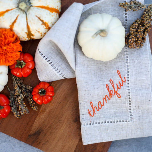 Thankful Embroidered Napkins, Set of 4, Pumpkin - Henry + Olives